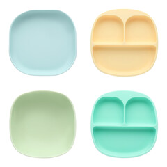Set with colorful plates on white background, top view. Serving baby food