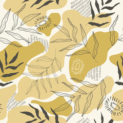 Botanical seamless pattern on white background. Trendy abstract pattern, tropical leaves, gold, pastel earthy colours. Vector illustration.