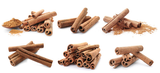 Set with aromatic cinnamon sticks and powder on white background. Banner design