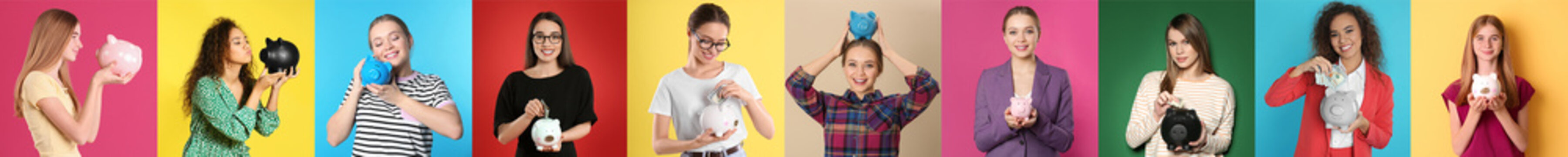 Collage with photos of women holding piggy banks on different color backgrounds. Banner design