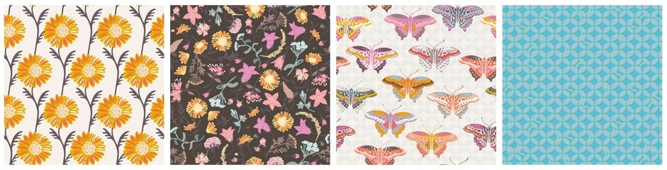 Vector flower meadow and butterflies seamless pattern collection, botanical colorful background - 515841708