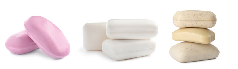 Set with different soap bars on white background. Banner design