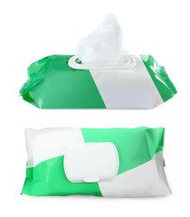 Packs of wet wipes on white background, collage