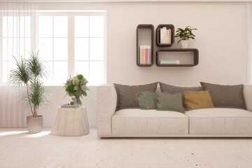 White living room with sofa. Scandinavian interior design. 3D illustration