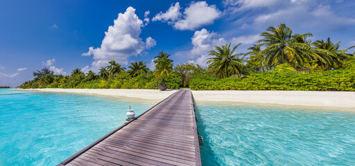 Best summer travel panorama. Maldives islands, tropical paradise coast, palm trees, sandy beach with wooden pier. Exotic vacation destination scenic, beach background. Amazing sunny sky sea, fantastic