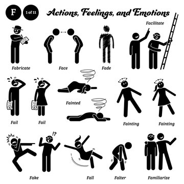 Stick figure human people man action, feelings, and emotions icons alphabet F. Fabricate, face, fade, facilitate, fail, fainted, fainting, fake, fall, falter, and familiarize.
