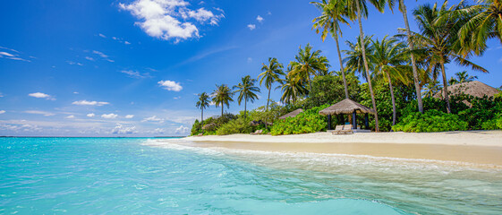 Paradise island beach. Tropical landscape of summer scenery, sea sand sky palm trees. Luxury travel...