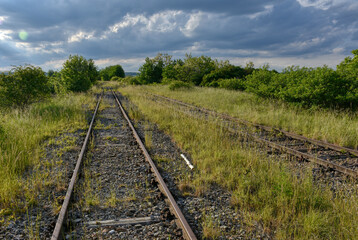 Obraz premium Pulkau, Schienen, Gleis, Bahndamm, Bahnlinie, Bahnhof, Eisenbahn, aufgelassen, stillgelegt, eingestellt, Niederösterreich, Waldviertel, Schwelle, Holzschwelle, Eisen, morsch, verwachsen, Gras, zugewac
