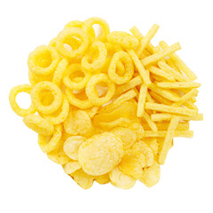 Snack for beer on a white background, chips and french fries.