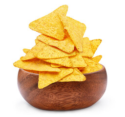 Delicious mexican nachos chips in wooden bowl, isolated on white background