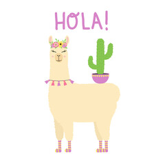 Cute llama standing with cactus. Cartoon alpaca with flower crown and hand drawn text Hola.