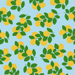  Seamless pattern of lemon branches. Plant with ripe fruit and leaves on blue background