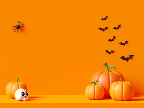 Happy Halloween yellow stage with pumpkins, 3d illustration