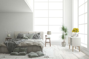 Soft color bedroom interior. Scandinavian design. 3D illustration