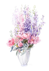 Bouquet of pink peonies and lilac delphiniums in a white vase. Festive flower arrangement. Watercolor illustration.