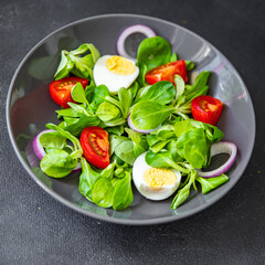 salad egg, vegetables, tomato, onion, leaves lettuce green mix petals fresh healthy meal food snack diet on the table copy space food background rustic top view keto or paleo diet