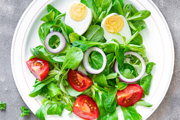 salad egg, vegetables, tomato, onion, leaves lettuce green mix petals fresh healthy meal food snack diet on the table copy space food background rustic top view keto or paleo diet
