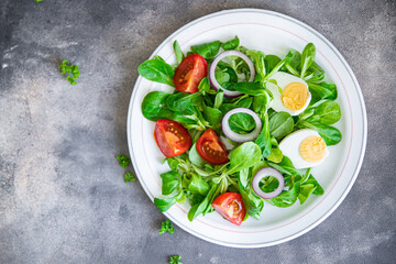 salad egg, vegetables, tomato, onion, leaves lettuce green mix petals fresh healthy meal food snack diet on the table copy space food background rustic top view keto or paleo diet