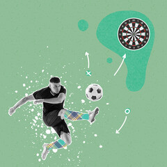 Contemporary art collage. Professional male soccer football player kicking the ball over light background with drawings. Sport, achievements, media, betting, news, ad