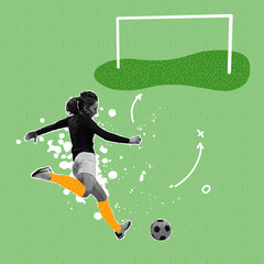 Energetic female soccer player playing football over light background with drawings, sketches. Sport, achievements, media, betting, news, ad. Creative artwork