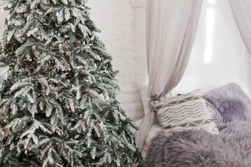 Christmas scandinavian bedroom with white canopy © aprilante