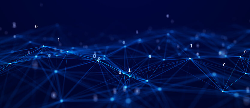 Cybersecurity. Abstract connections background. Network connected with dots. Binary code. Flying nombers. Data protection. Big data analysis. 3d rendering illustration
