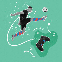 Creative art collage with young man, professional soccer player in action over light background with drawings. Sport, achievements, media, betting, news, ad