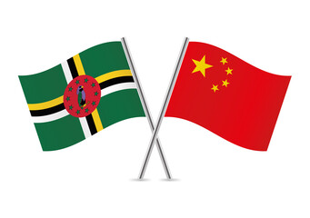 Dominica and China crossed flags. Dominican and Chinese flags on white background. Vector icon set. Vector illustration.