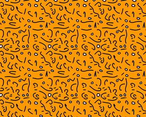 Bright orange background in trendy '90s "Memphis" style with structure of hand drawn scribbles. Repeating irregular texture, perfect for fabrics, wallpapers and decoration. Vector seamless pattern.