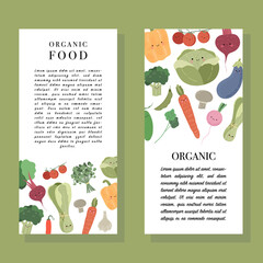 Vegetables vector card in cute style on white background. Cartoon vector illustration. Vegetables isolated. Template design.