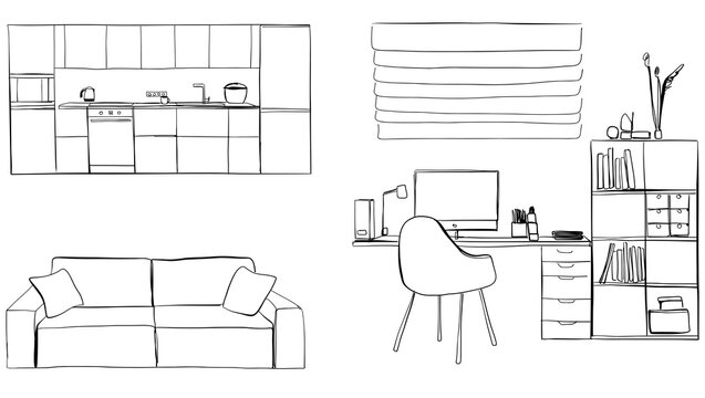 Set of different interior hand drawn sketch, vector illustration