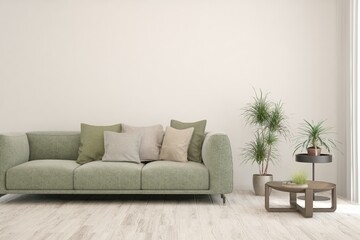 White living room with sofa. Scandinavian interior design. 3D illustration