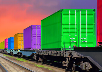 Fototapeta premium Cargo Containers Transportation On Freight Train By Railway. Intermodal Container On Train Car. Rail Freight Shipping Logistics Concept.