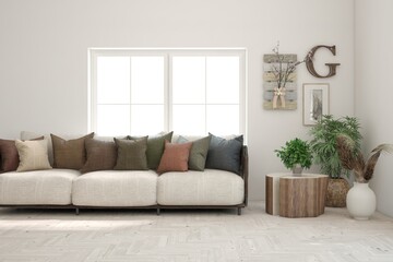 White living room with sofa. Scandinavian interior design. 3D illustration
