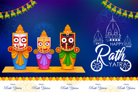Lord Jagannath, Balabhadra and Subhadra on annual Rathayatra festival in Odisha background with text in Hindi meaning Chariot festival