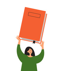 Smiling woman holding book or diary in hand. Female writer, author. Bookstore, library, back to school. Book reading club vector illustration. Literature day, student girl. Literacy, education concept