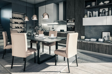 Cute Open Area Kitchen - black and white 3D Visualization
