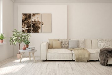 White living room with sofa. Scandinavian interior design. 3D illustration