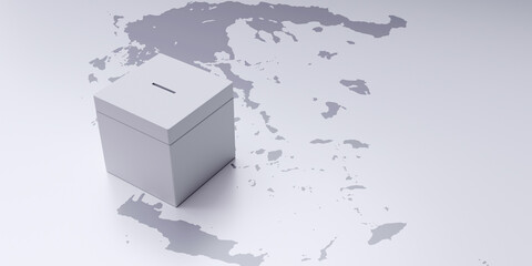 Greek Election. Voting box on grey Greece map. White ballot box above view. 3d render