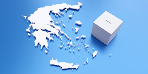 Greek Election. Voting box on blue and white Greece map. Blank ballot box above view. 3d render - obrazy, fototapety, plakaty