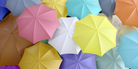 Pastel color umbrellas background, top view. Rain protection for crowd, safety concept. 3d render