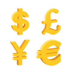 Set of 4 major currencies. Dollar, Euro, Pound sterling, Yen	