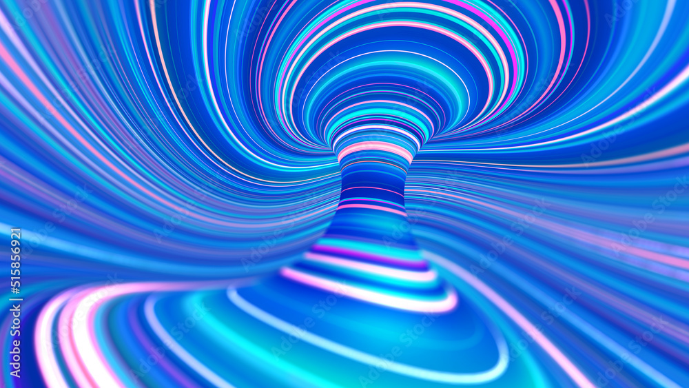 Poster Whirlpool 3D illustration. Movement of wavy lines. Circular orbits of cyberspace. Soaring strings of big data