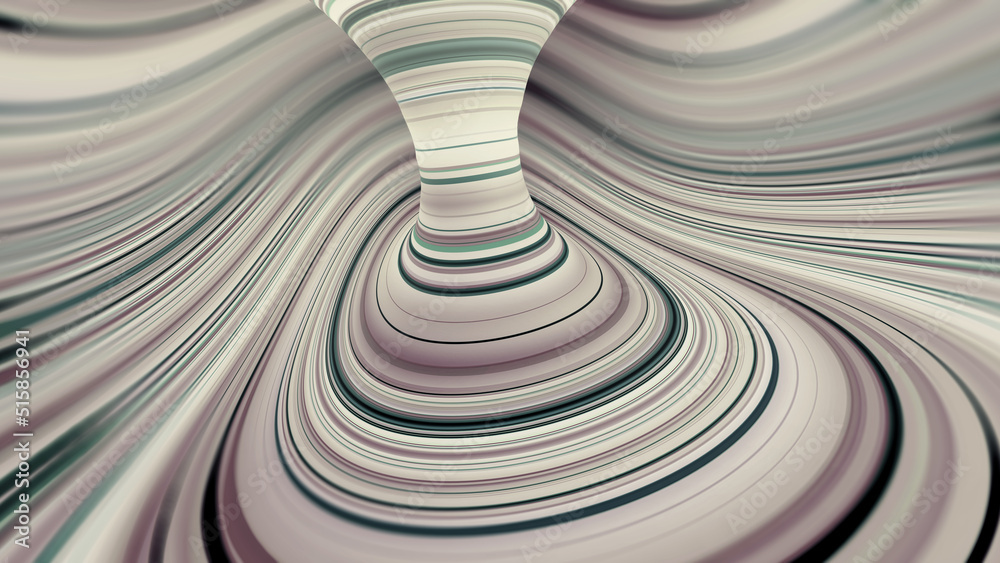 Poster Whirlpool 3D illustration. Movement of wavy lines. Circular orbits of cyberspace. Soaring strings of big data