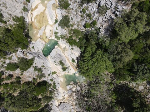 Aerial View Of Vothnes Natural Pools, Of Keramitsa Village, Greece, Epirus, Thesprotia