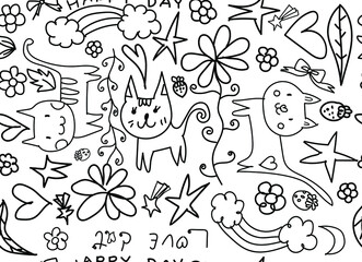 seamless pattern doodle draw freehand illustration style on white background