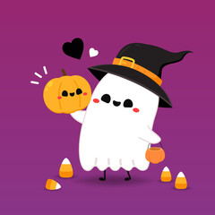 Happy halloween party greeting card with cute ghost. Holidays cartoon character. Trick or treat design with cute pumpkin. Halloween funny cartoon.