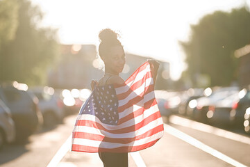 Young African american woman at sunset background with an American USA flag on her shoulders. USA resident, US citizen. Immigration concept