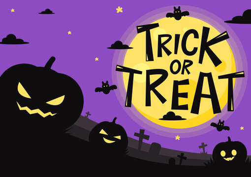 Trick or treat design with cute pumpkin. Halloween background. Jack o lantern Bowl. Flat style vector illustration.