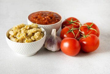 Composition with Fresh Tomatoes and Garlic Sauce Wooden Background Space for Text Ripe Vegetables Helathy Organic